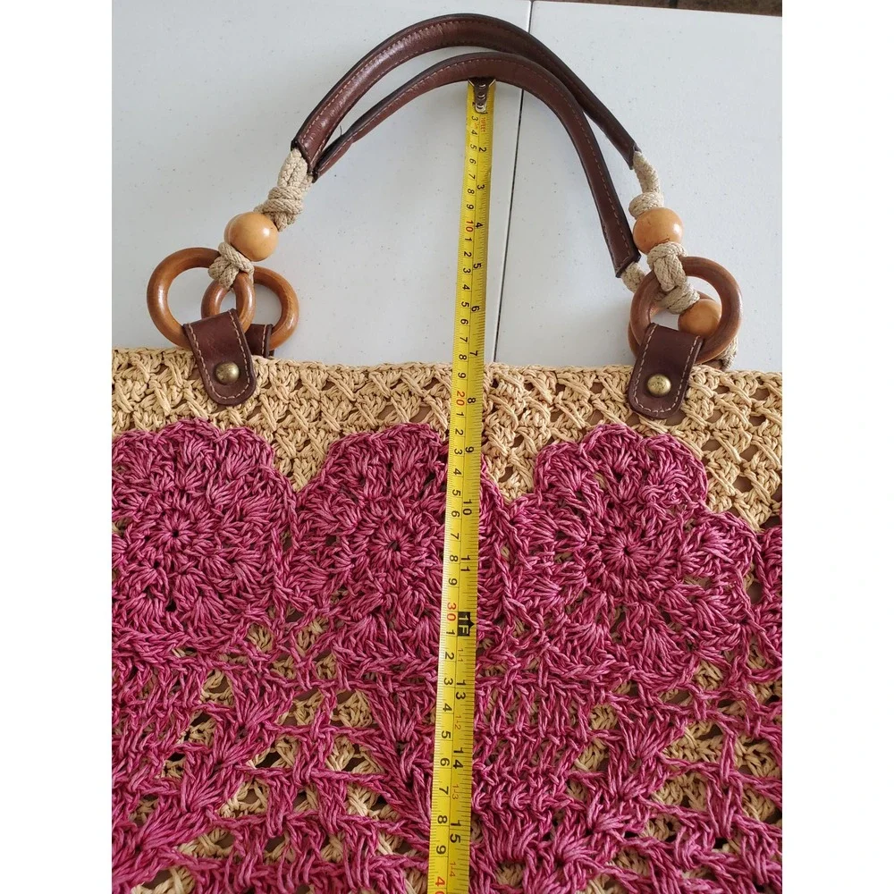 Fossil Straw Crochet Tote Shoulder‎ Bag Pink Beige Wood Beaded Boho Vacation